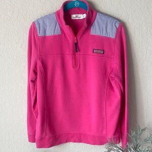 Vineyard Vines Bright Pink Quarter-Zip Pullover with Navy Stripe Shoulders